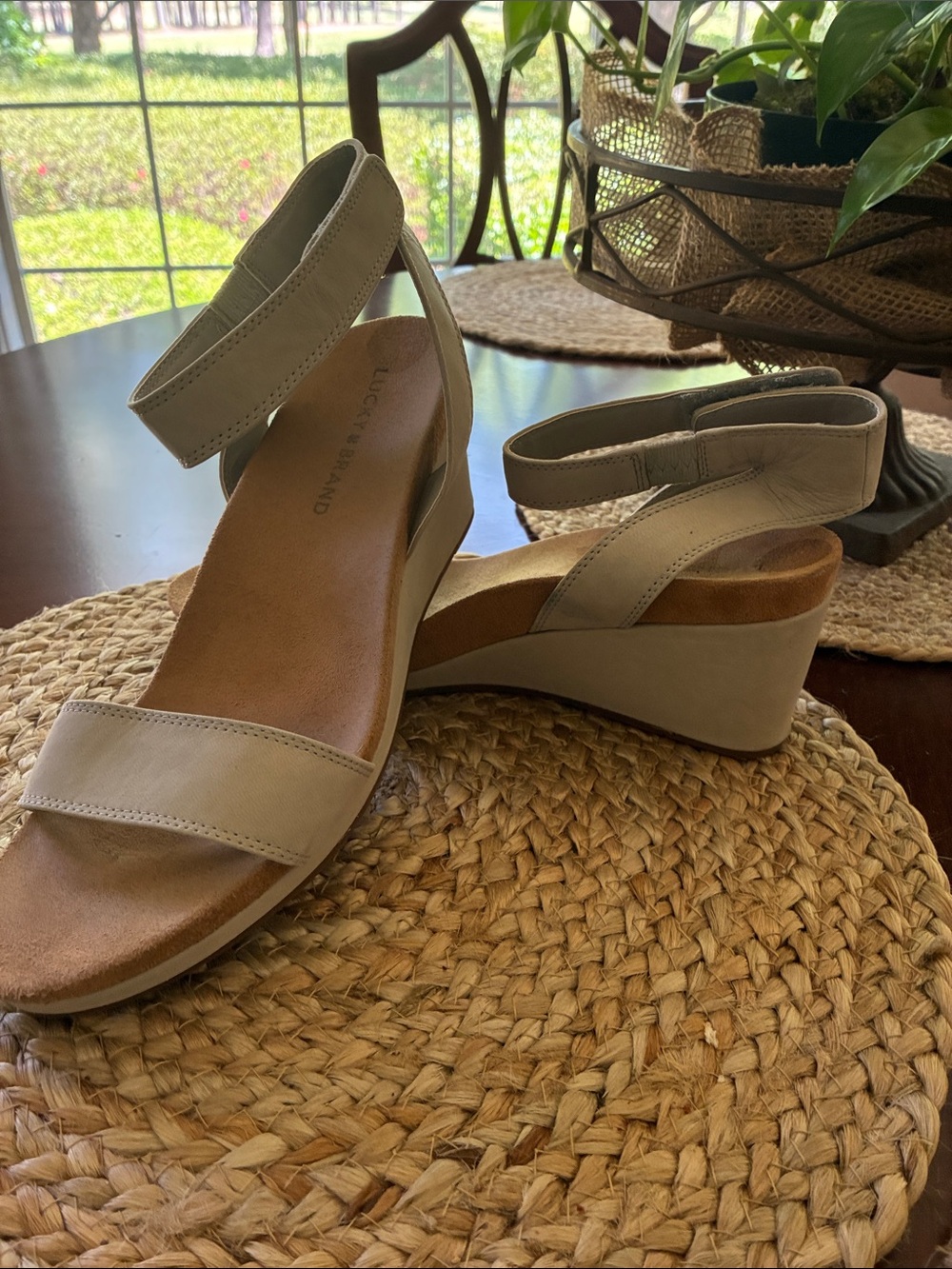 Lucky Brand Neutral Tan Ankle-Strap Wedge Sandals